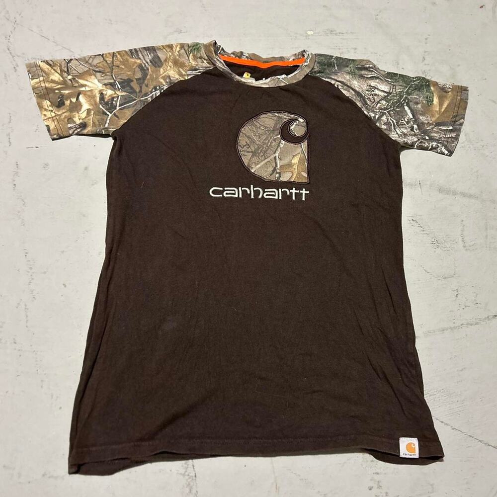 Carhartt Brown T-Shirt with Camo Shoulders and Logo